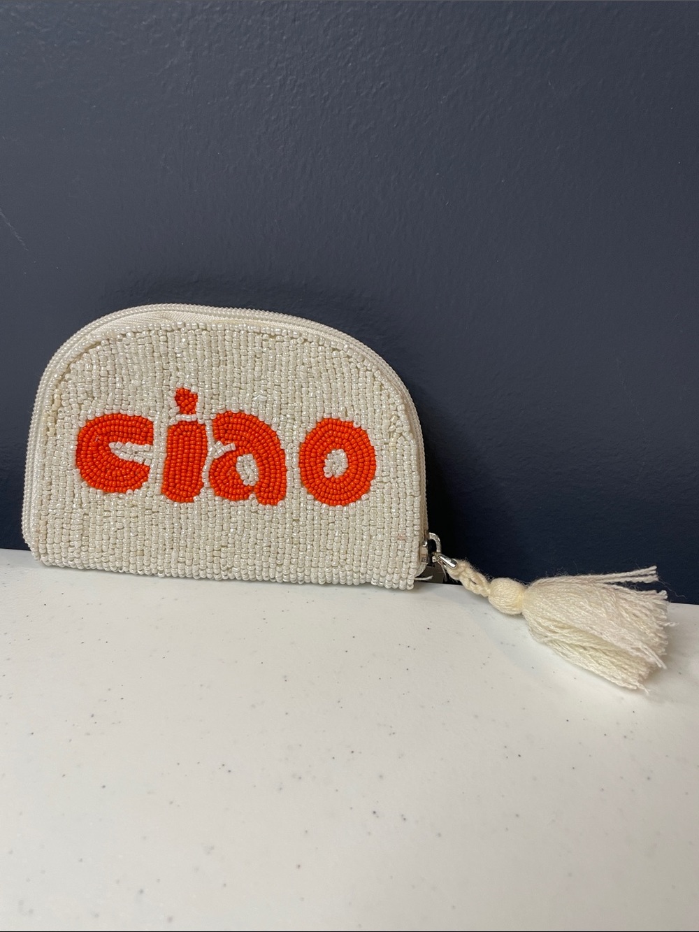 Beaded 'ciao bella' Cream Coin Pouch with Orange Accent